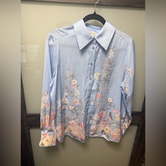 Rachel Zoe Blue Printed Floral Satin Collared Button Down Shirt - Picture 4 of 5